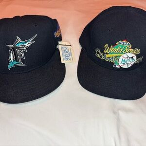 Vintage (2) Wool New Era Florida Marlins 1997 World Series Hats Snapback Fitted